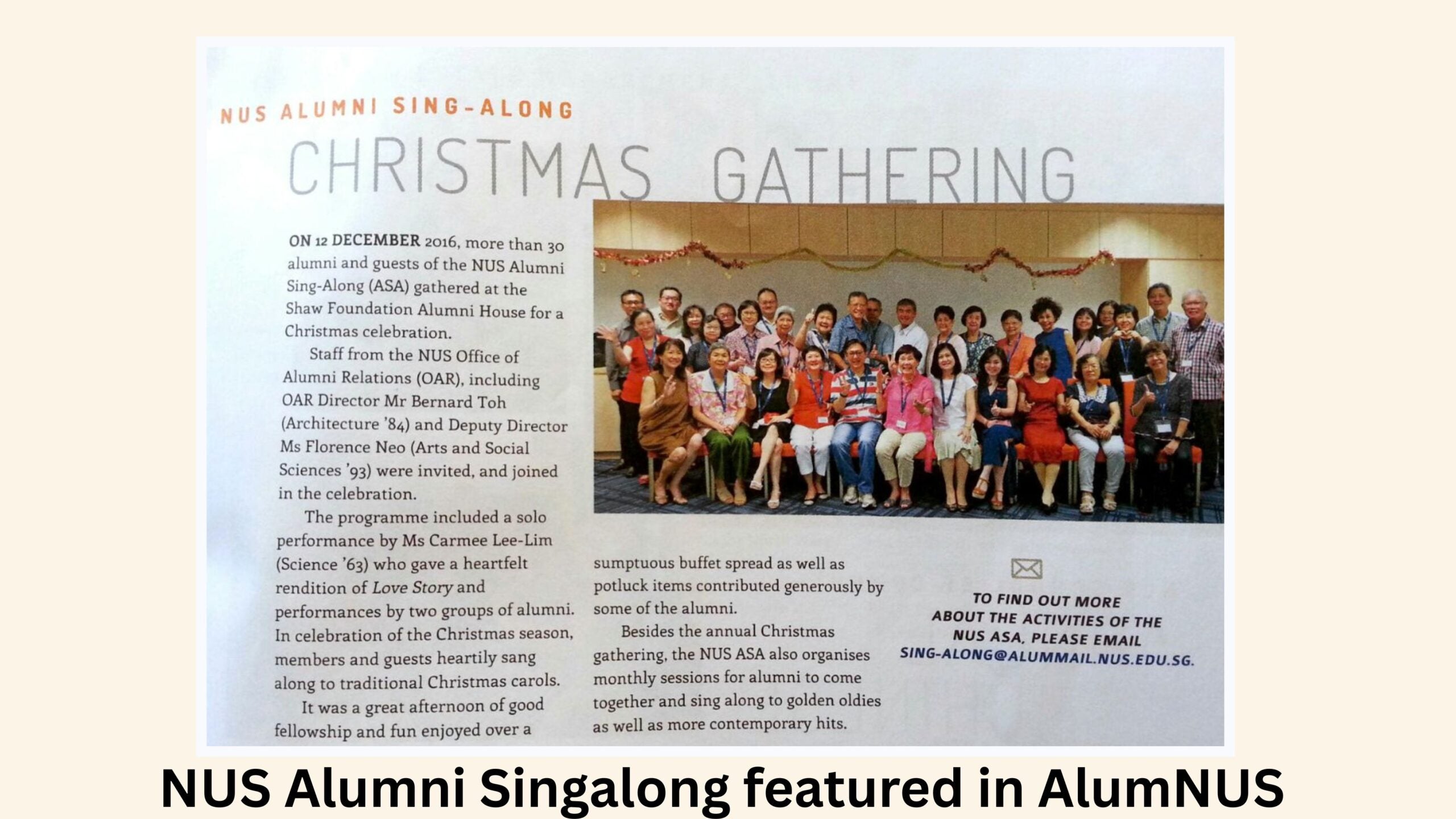 The AlumNUS publication featuring NUS Alumni Sing-Along