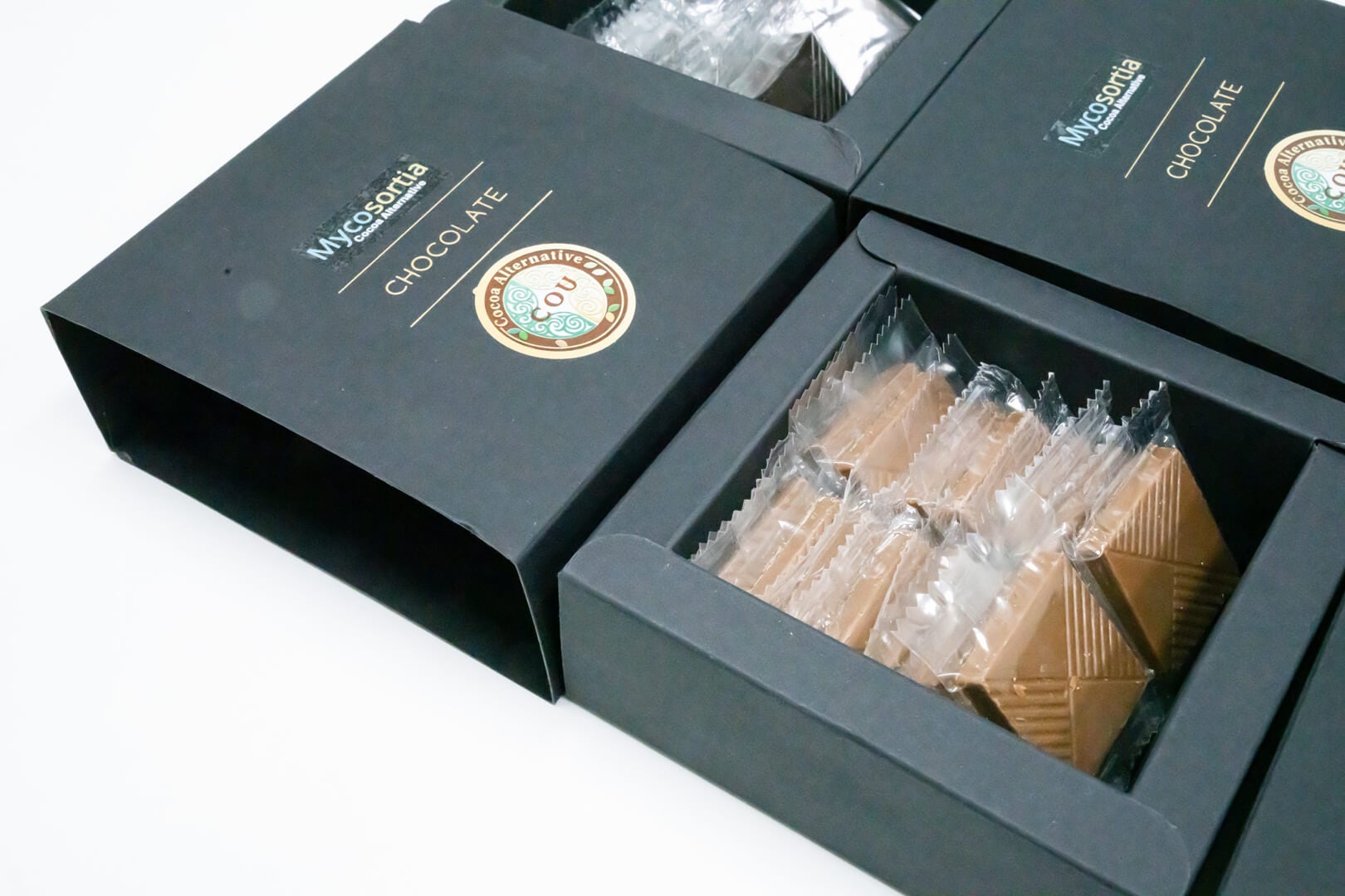 Mycosortia’s chocolate range includes, among others, classic milk and dark chocolate options, alongside a mushroom-infused variety with a more earthy flavour profile.